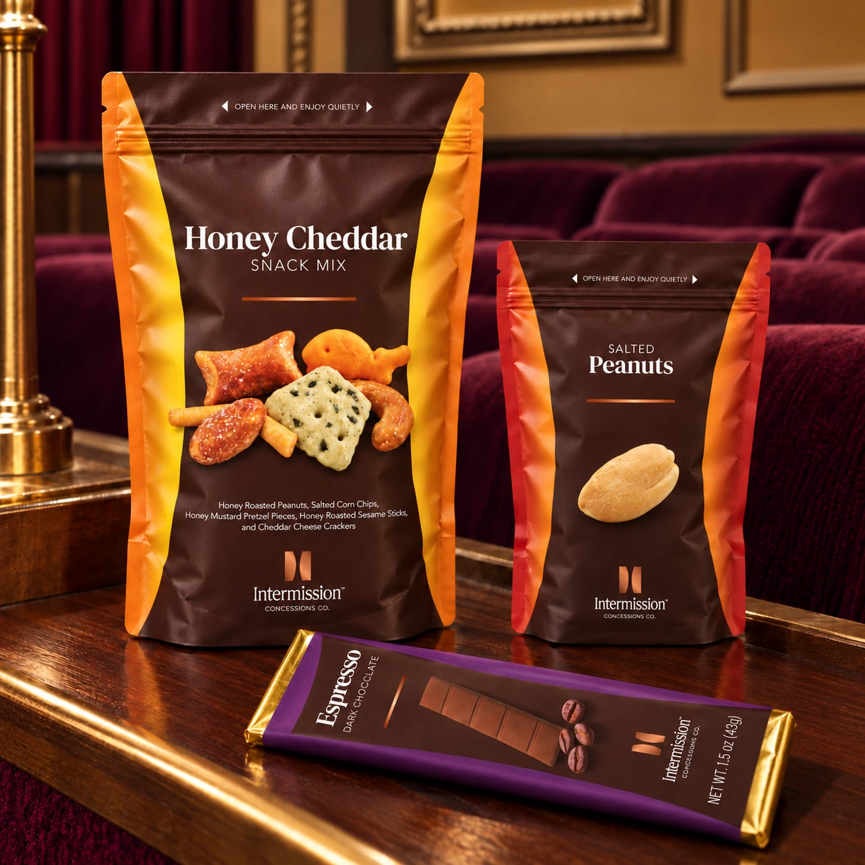 Intermission Honey Cheddar Snack Mix, Salted Peanuts and Espresso Dark Chocolate in a plum and amber theater setting
